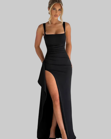 Women's Square Neck High Split Ruched Summer Maxi Dress
