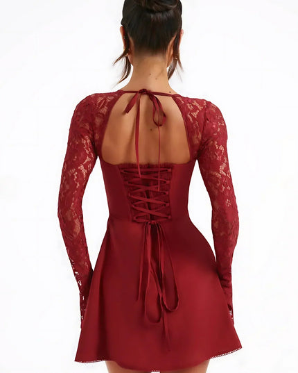 Women's Square Neck Lace Long Sleeve Wedding Guest Mini Dress