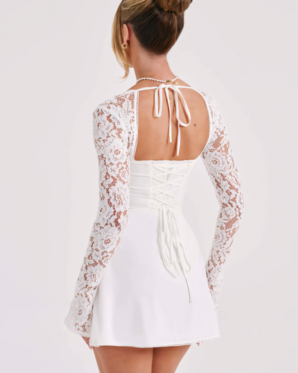 Women's Square Neck Lace Long Sleeve Wedding Guest Mini Dress
