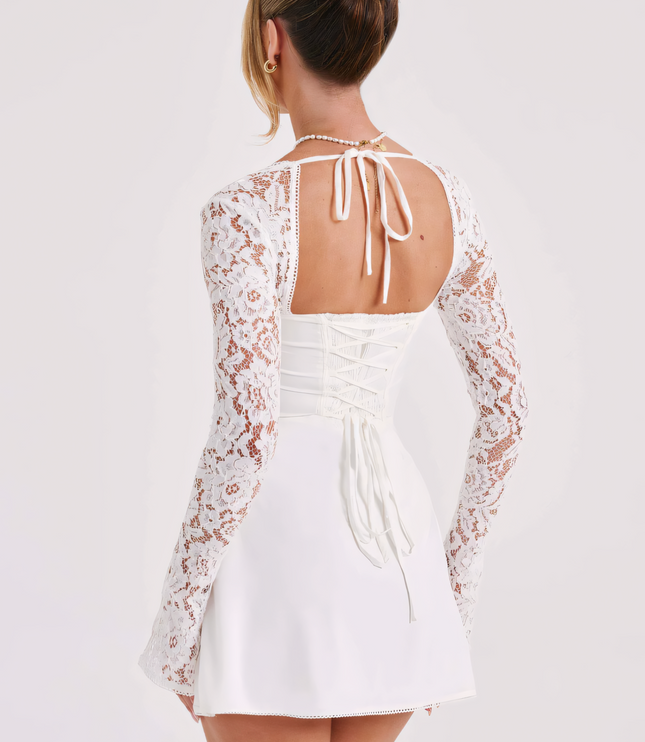 Women's Square Neck Lace Long Sleeve Wedding Guest Mini Dress