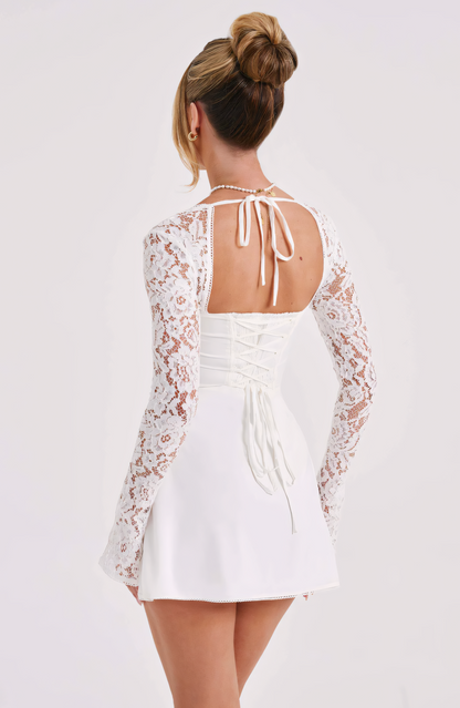Women's Square Neck Lace Long Sleeve Wedding Guest Mini Dress