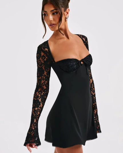 Women's Square Neck Lace Long Sleeve Wedding Guest Mini Dress