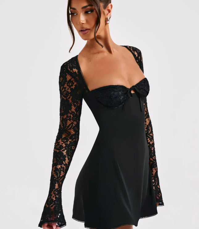 Women's Square Neck Lace Long Sleeve Wedding Guest Mini Dress