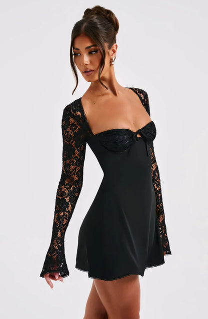 Women's Square Neck Lace Long Sleeve Wedding Guest Mini Dress