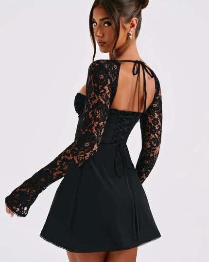 Women's Square Neck Lace Long Sleeve Wedding Guest Mini Dress