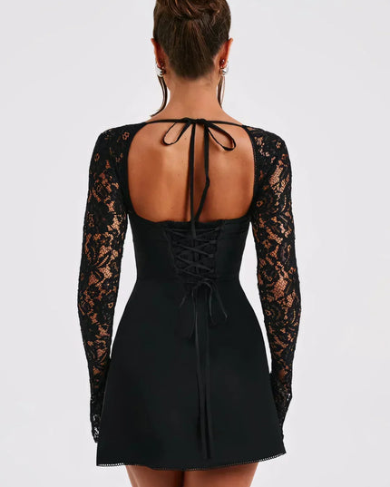 Women's Square Neck Lace Long Sleeve Wedding Guest Mini Dress