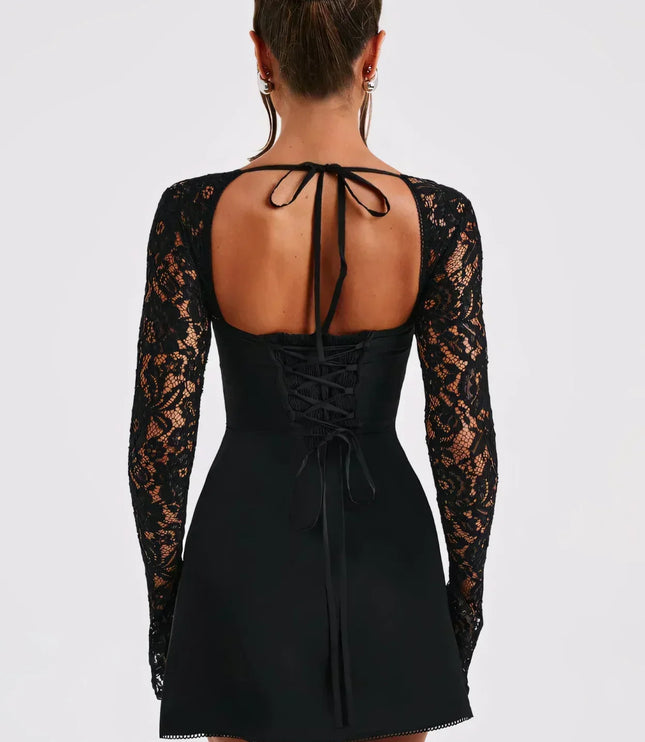 Women's Square Neck Lace Long Sleeve Wedding Guest Mini Dress