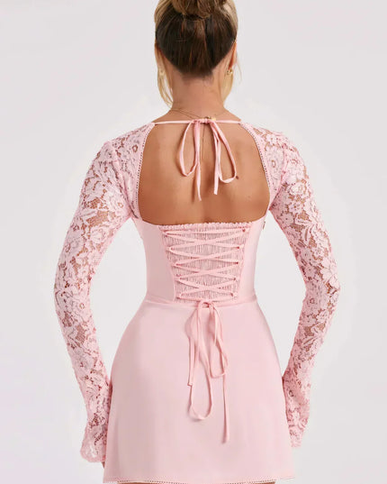 Women's Square Neck Lace Long Sleeve Wedding Guest Mini Dress
