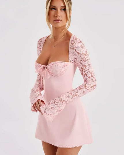 Women's Square Neck Lace Long Sleeve Wedding Guest Mini Dress