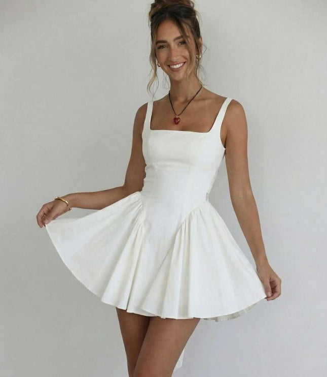 White square neck mini dress with wide straps and flared skirt for a wedding guest look
