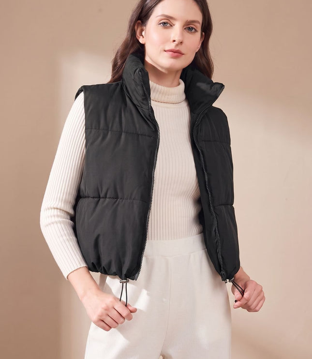 Women's Stand Collar Cropped Zip-Up Puffer Vest