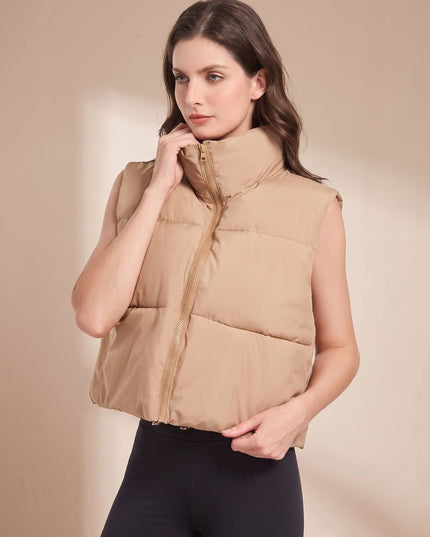 Women's Stand Collar Cropped Zip-Up Puffer Vest