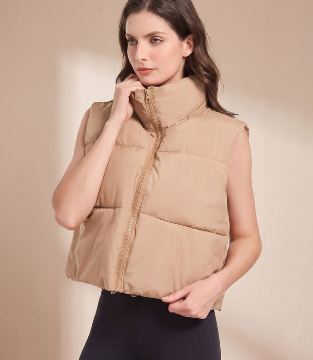 Women's Stand Collar Cropped Zip-Up Puffer Vest