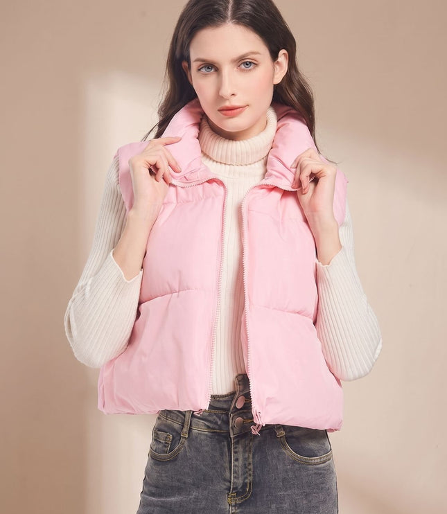 Women's Stand Collar Cropped Zip-Up Puffer Vest
