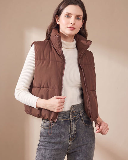 Women's Stand Collar Cropped Zip-Up Puffer Vest