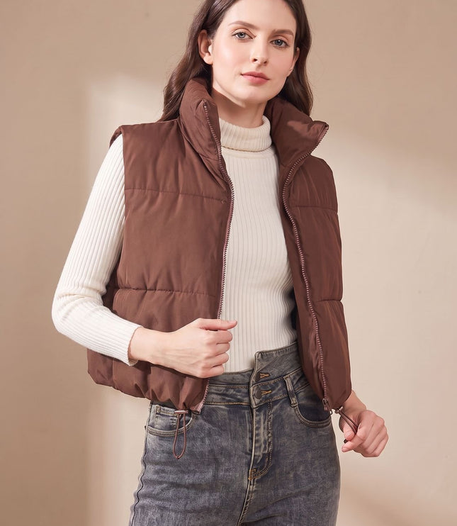 Women's Stand Collar Cropped Zip-Up Puffer Vest