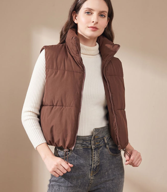 Women's Stand Collar Cropped Zip-Up Puffer Vest
