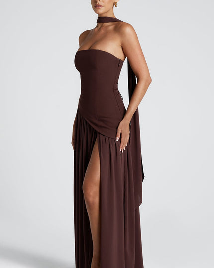 Women's Strapless Asymmetric High Slit Maxi Dress