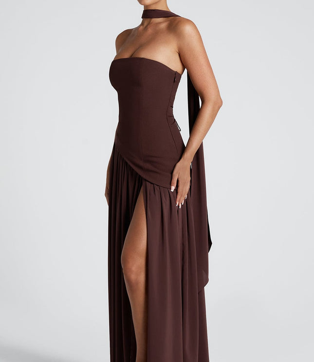 Women's Strapless Asymmetric High Slit Maxi Dress