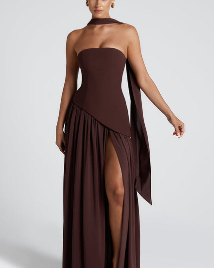 Women's Strapless Asymmetric High Slit Maxi Dress