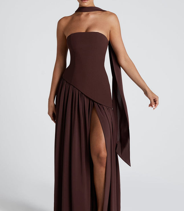 Women's Strapless Asymmetric High Slit Maxi Dress