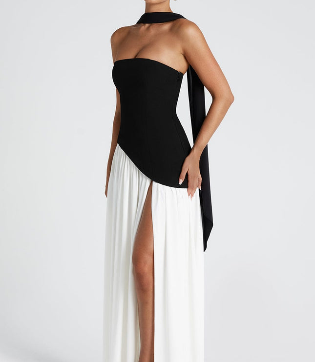 Women's Strapless Asymmetric High Slit Maxi Dress