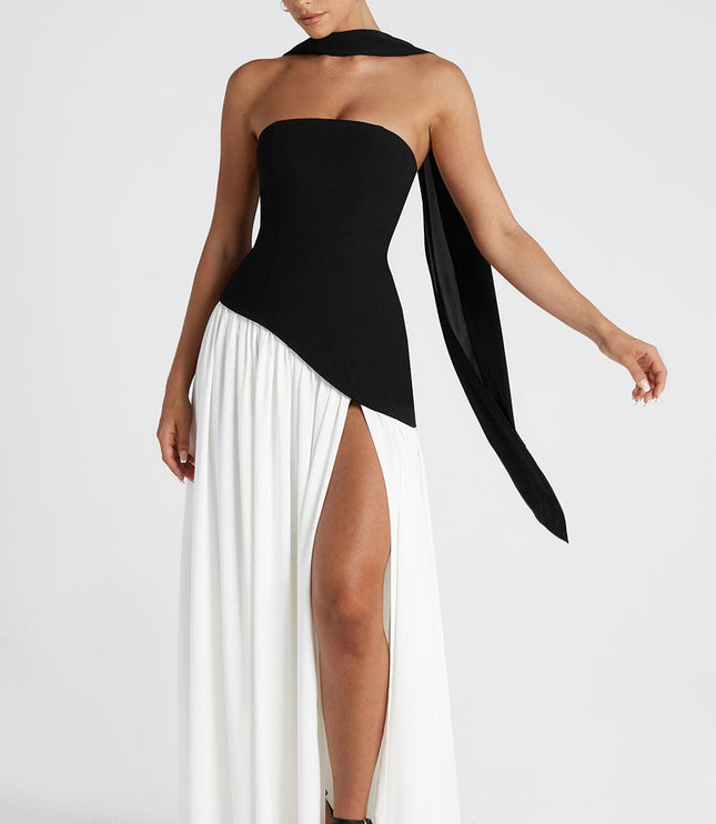 Women's Strapless Asymmetric High Slit Maxi Dress