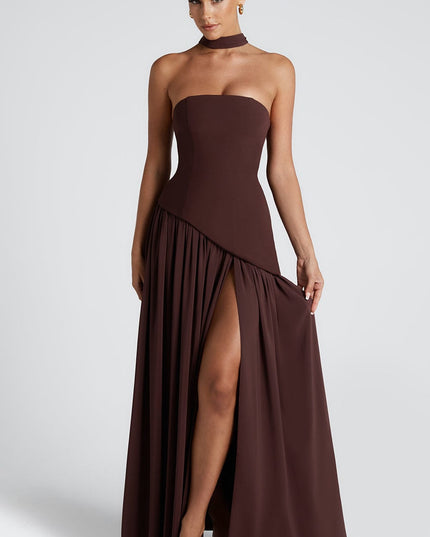 Women's Strapless Asymmetric High Slit Maxi Dress
