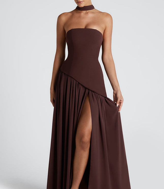 Women's Strapless Asymmetric High Slit Maxi Dress