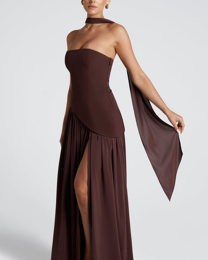 Women's Strapless Asymmetric High Slit Maxi Dress