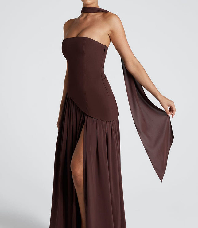 Women's Strapless Asymmetric High Slit Maxi Dress