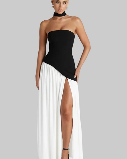 Women's Strapless Asymmetric High Slit Maxi Dress