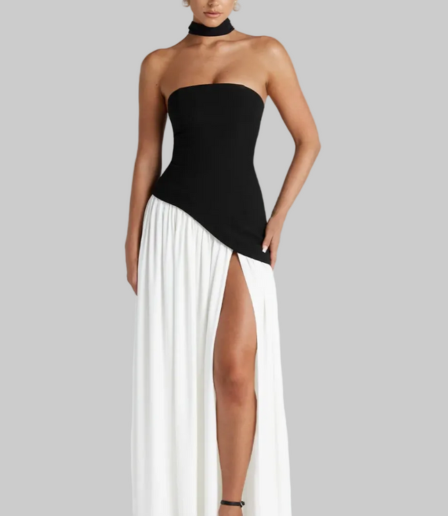 Women's Strapless Asymmetric High Slit Maxi Dress