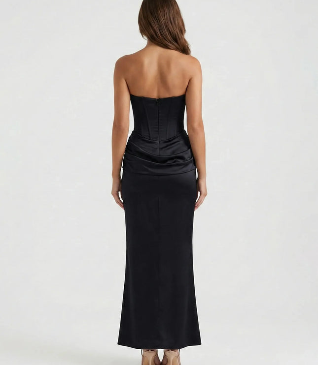 Women taupe strapless corset maxi dress with draped hip folds and ankle-length skirt, front view