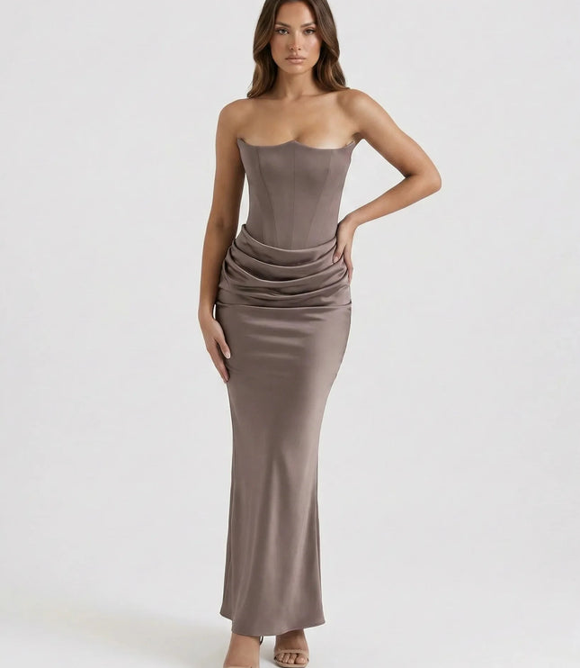Women ivory strapless corset maxi dress with structured bodice seams and draped hip detail, front view