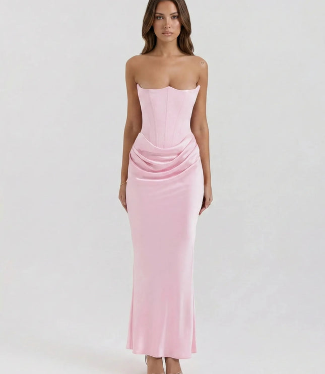 Women black strapless corset maxi dress showing straight neckline and long skirt hem, full length view