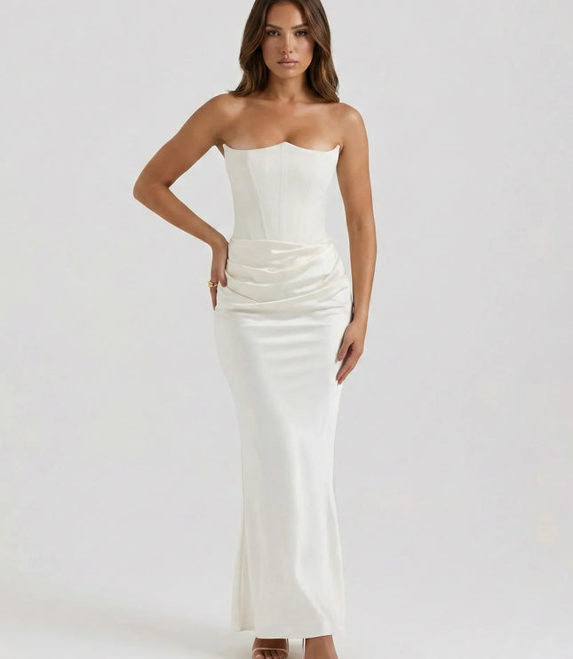 Women ivory maxi dress close view of strapless corset bodice seam paneling and draped waist detail
