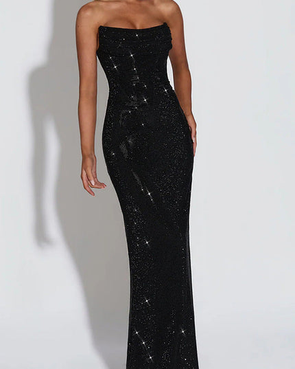 Women's Strapless Cowl Neck Rhinestone Maxi Dress