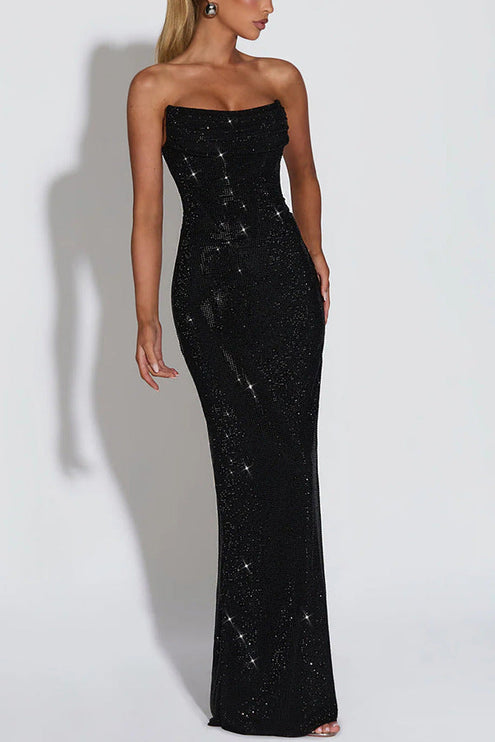 Women's Strapless Cowl Neck Rhinestone Maxi Dress