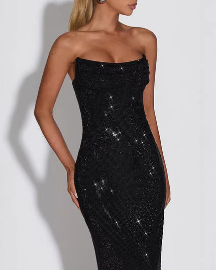 Women's Strapless Cowl Neck Rhinestone Maxi Dress