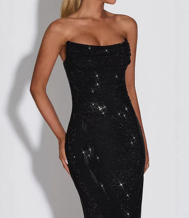 Women's Strapless Cowl Neck Rhinestone Maxi Dress