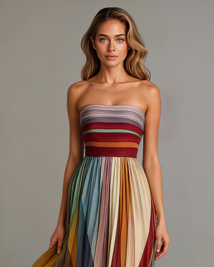 Women's Strapless Pleated Flowy Maxi Summer Dress