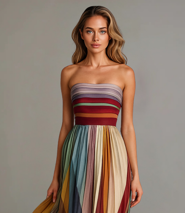 Women's Strapless Pleated Flowy Maxi Summer Dress