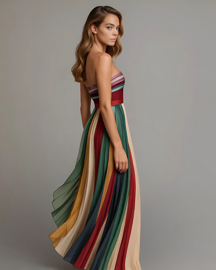 Women's Strapless Pleated Flowy Maxi Summer Dress