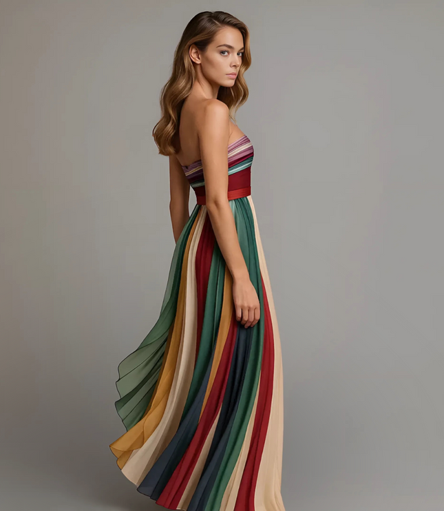 Women's Strapless Pleated Flowy Maxi Summer Dress