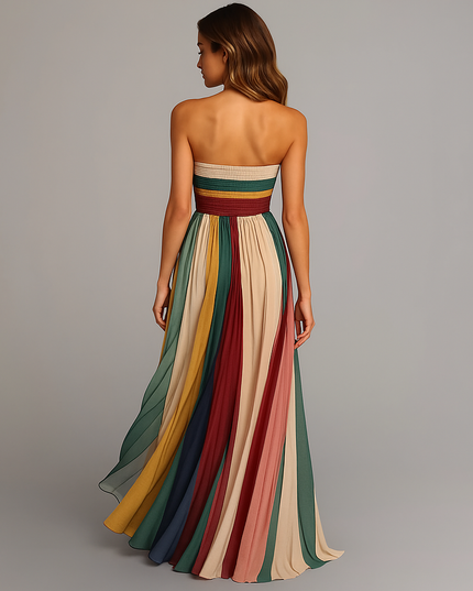 Women's Strapless Pleated Flowy Maxi Summer Dress