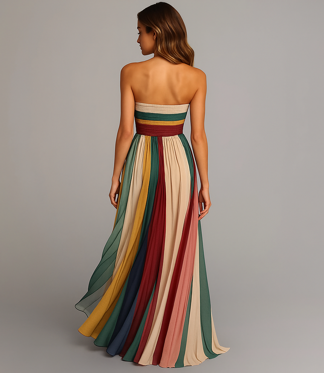 Women's Strapless Pleated Flowy Maxi Summer Dress