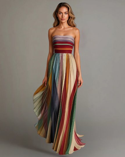 Women's Strapless Pleated Flowy Maxi Summer Dress