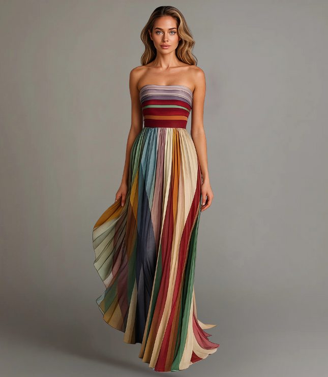 Women's Strapless Pleated Flowy Maxi Summer Dress