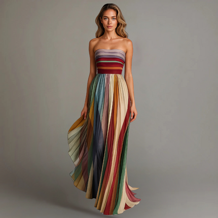 Women's Strapless Pleated Flowy Maxi Summer Dress